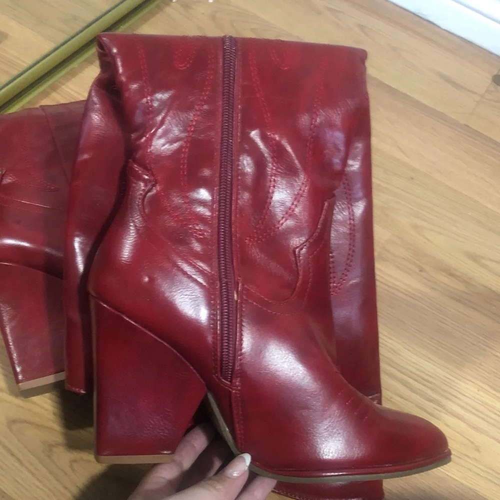Women's Red knee Western Block Heel Boots